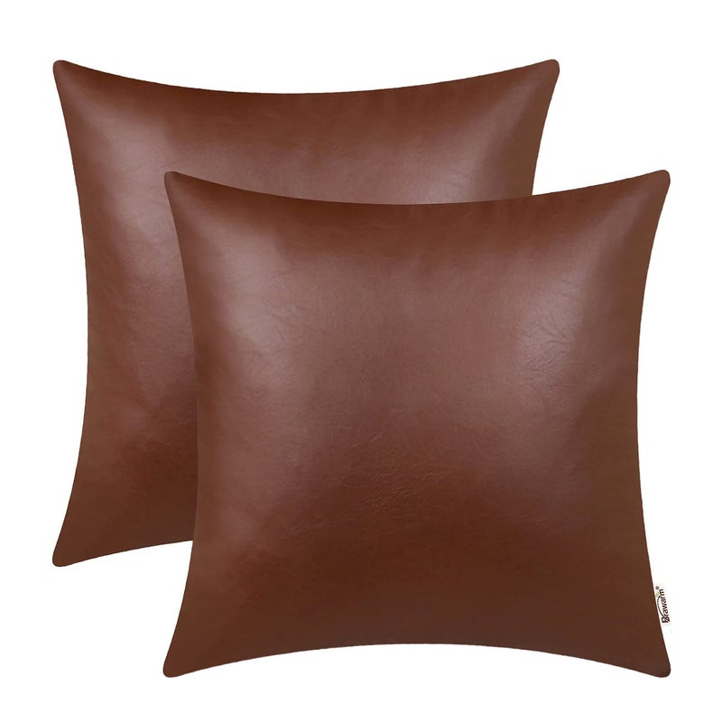 BRAWARM Faux Leather Throw Pillow Covers 16 X 16 Inches - Brown Leather Pilow Covers Pack of 2, Solid Dyed Leather Pillowcases for Couch Bed Sofa Garden Home Decorative - Image 1